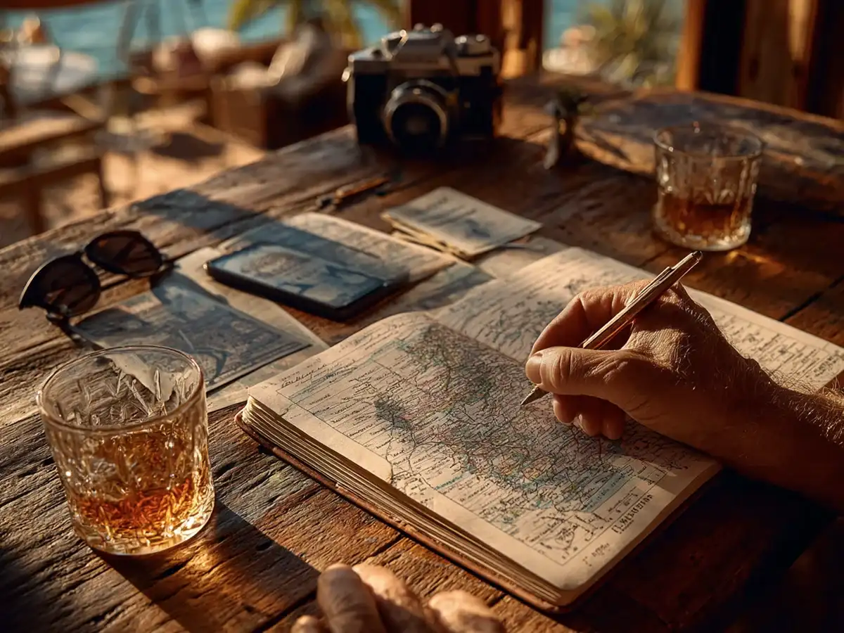 Persona planificando su viaje a Galápagos con mapa, libreta y guía turística
