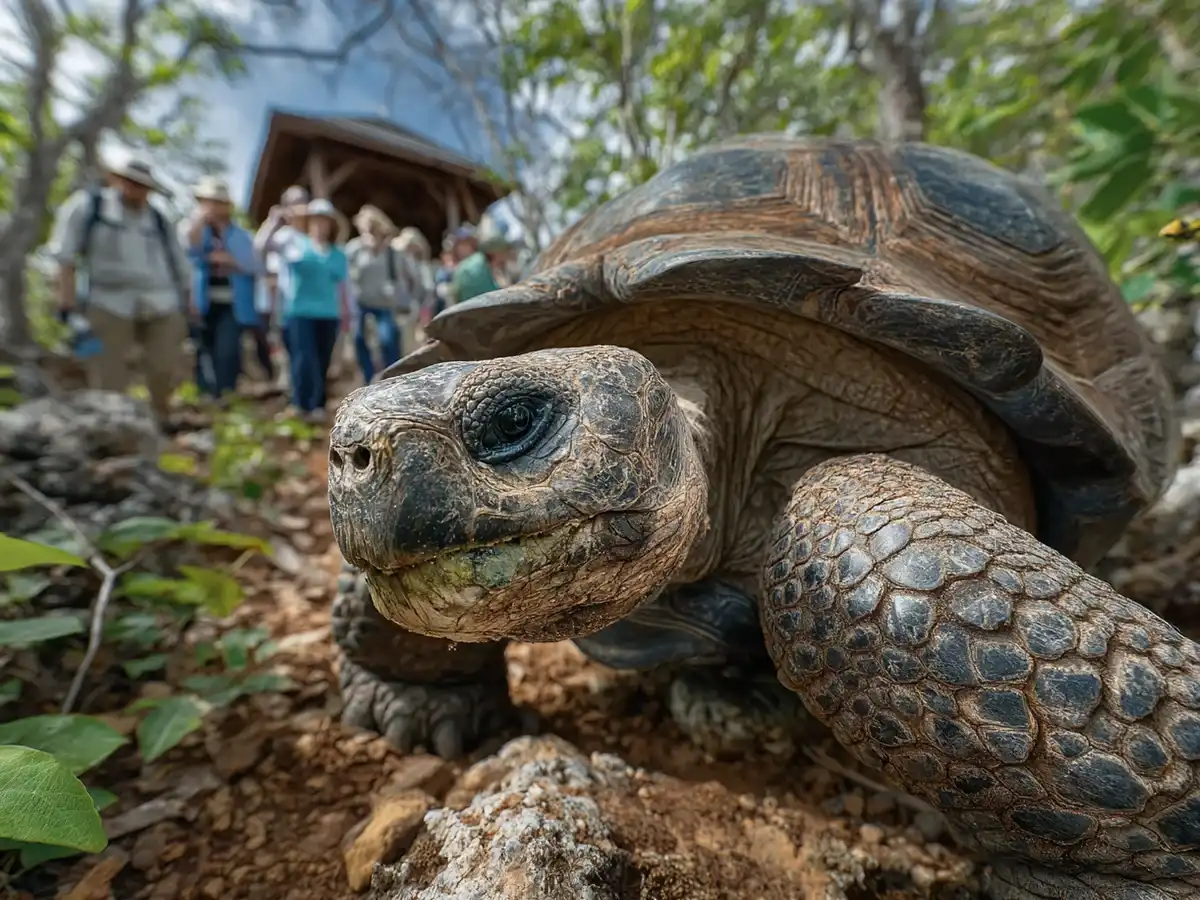 Guía local explicando sobre tortugas gigantes en Galápagos a un grupo de visitantes