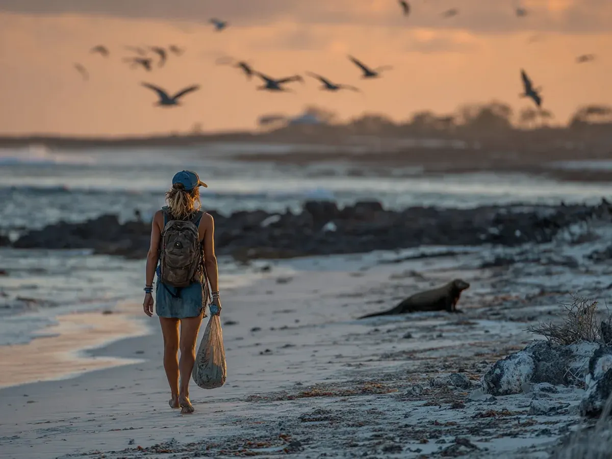 Turista caminando al atardecer junto a lobos marinos en Galápagos, ejemplo de turismo responsable