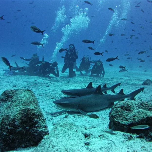 Divers observing sharks in Seymour and Daphne, Galapagos