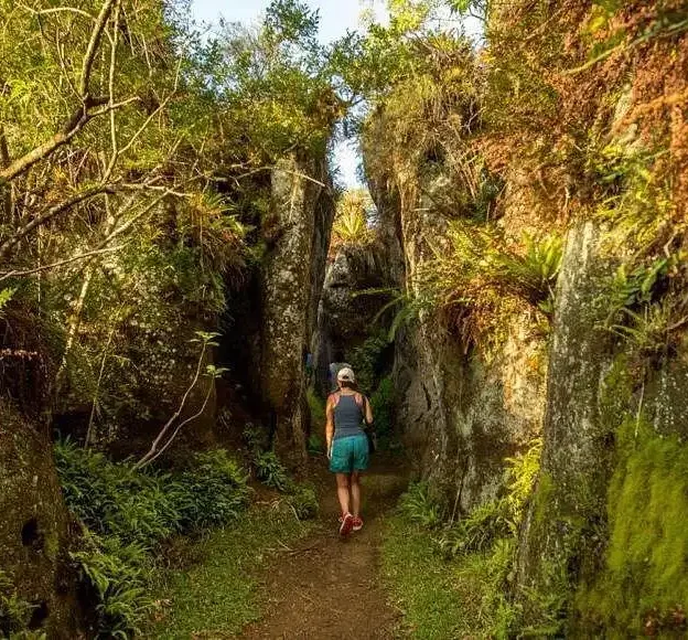 Tourist walking in front of a waterfall in the upper part of Floreana