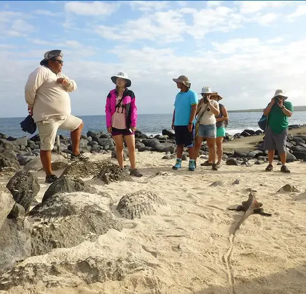 Turistas en Isla Española observando aves y paisajes naturales