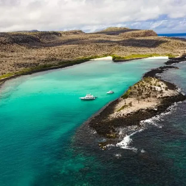 Aerial view of the turquoise bay and rocky coast of Santa Fe Island, Galapagos