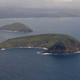 View of Tortuga Island, a semicircular volcanic caldera in the Galapagos.