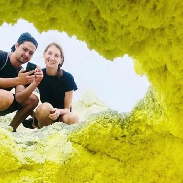 Couple enjoying a tour of the Sulfur Mines in the Galapagos