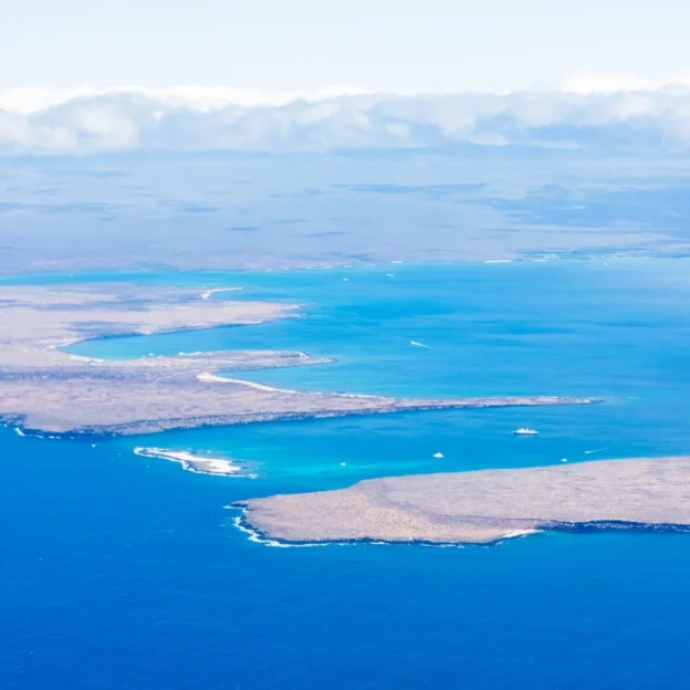Aerial view of North Seymour Island surrounded by turquoise waters in the Galapagos